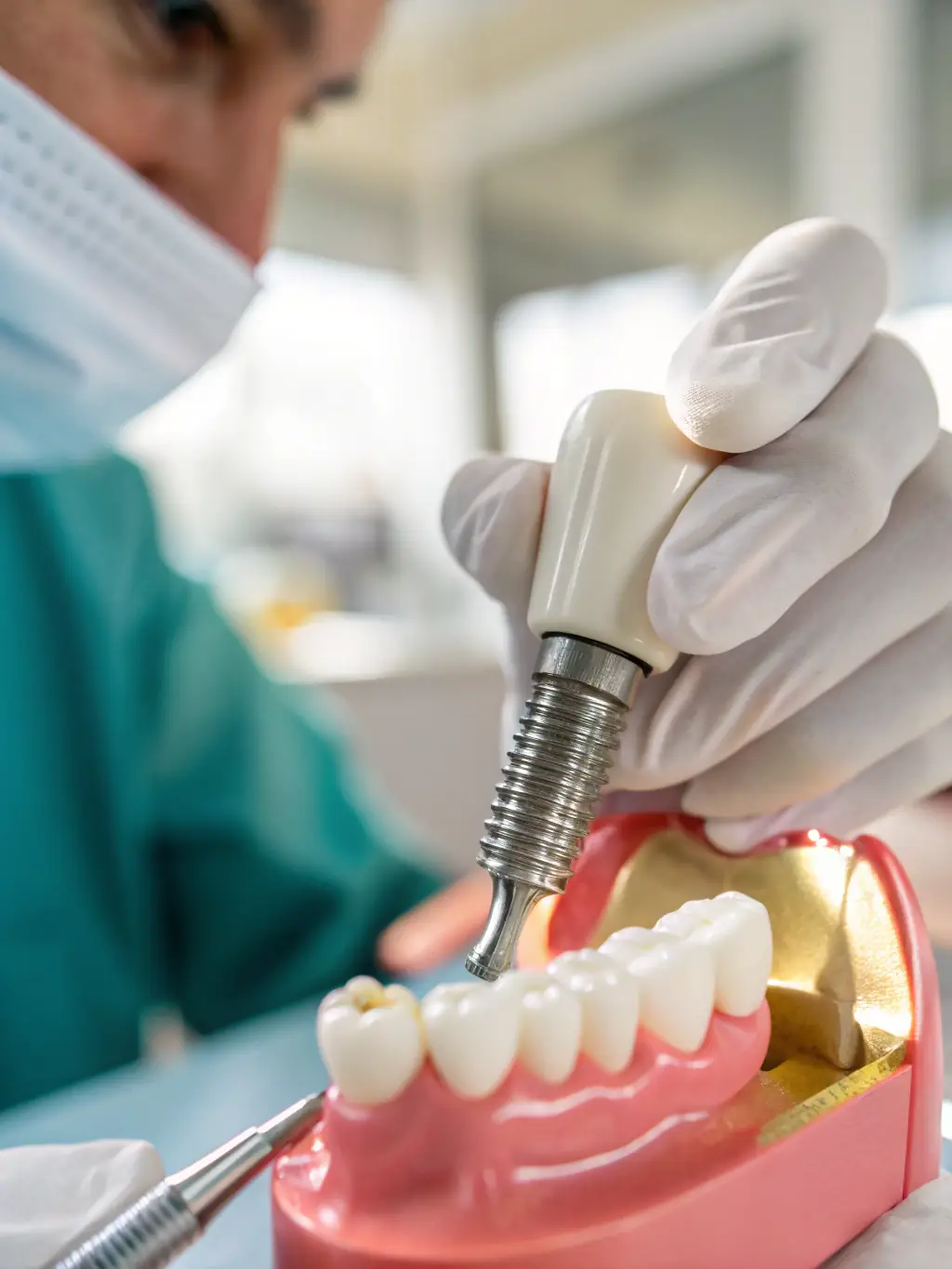 A high-quality image depicting a dental implant being placed in a patient's jaw, showcasing the precision and care involved in the procedure at Om Sai Dental Care.